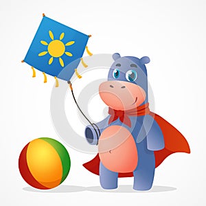 Funny cartoon vector baby Hippo in red cloak holding kite and playing ball