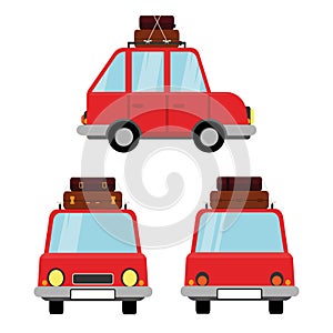 Funny cartoon vector car with bags on the roof. Front, side and back view. Vector illustration isolated on white