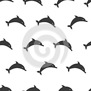 Funny cartoon vector dolphin fish seamless pattern over white background. Black and white background. Marine texture.