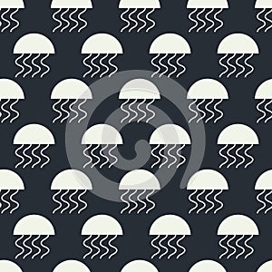 Funny cartoon vector jellyfish seamless pattern over black background. Black and white background.