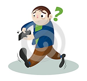 Funny cartoon vector man with no money. Businessman holding empty wallet. Concept of bankruptcy