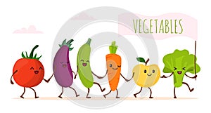 Funny cartoon vegetable walking, vector illustration. Happy healthy food character, cute green organic product. Fresh