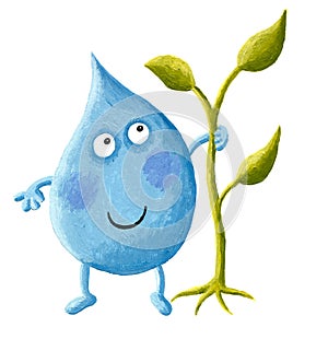 Funny cartoon water drop feeds the plant - environmental protection