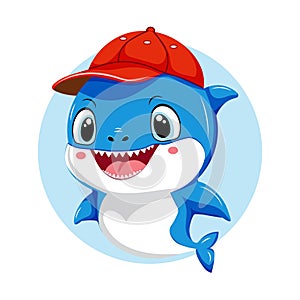 Funny cartoon white and blue shark wearing red baseball cap. Baby predator is smiling and has big grin on his face.
