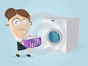 Funny cartoon woman with dirty laundry and washing machine
