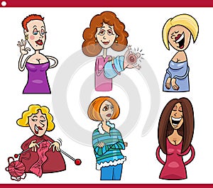 Funny cartoon women characters caricature set