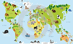 Funny cartoon world map in chinese with traditional animals of all the continents and oceans. Vector illustration