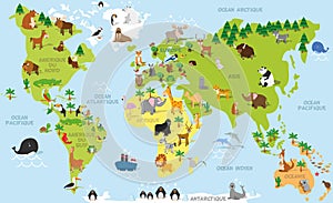 Funny cartoon world map in french with traditional animals of all the continents and oceans. Vector illustration for preschool