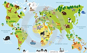 Funny cartoon world map in german with traditional animals of all the continents and oceans. Vector illustration for preschool