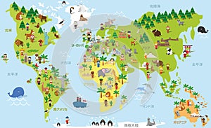 Funny cartoon world map in japanese with childrens of different nationalities, animals and monuments.