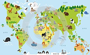 Funny cartoon world map in japanese with traditional animals of all the continents and oceans. Vector illustration