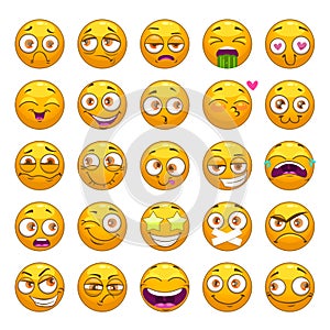 Funny cartoon yellow faces set. Emoji face collection.