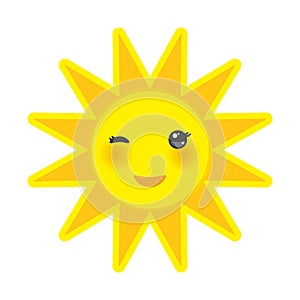 Funny cartoon yellow sun smiling and winking eyes