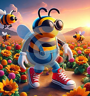 funny cartoonish cool bees wear blue jeans urban vintage snikers at work pollinizing blooming flower