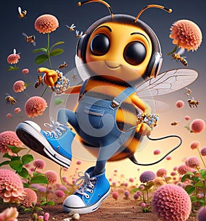 funny cartoonish cool bees wear blue jeans urban vintage snikers at work pollinizing blooming flower