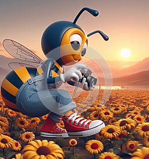 funny cartoonish cool bees wear blue jeans urban vintage snikers at work pollinizing blooming flower