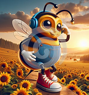 funny cartoonish cool bees wear blue jeans urban vintage snikers at work pollinizing blooming flower