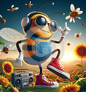 funny cartoonish cool bees wear blue jeans urban vintage snikers at work pollinizing blooming flower