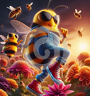 funny cartoonish cool bees wear blue jeans urban vintage snikers at work pollinizing blooming flower