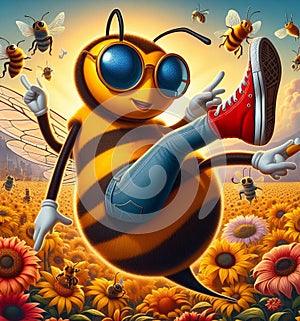 funny cartoonish cool bees wear blue jeans urban vintage snikers at work pollinizing blooming flower