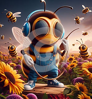 funny cartoonish cool bees wear blue jeans urban vintage snikers at work pollinizing blooming flower