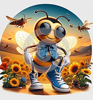 funny cartoonish cool bees wear blue jeans urban vintage snikers at work pollinizing blooming flower