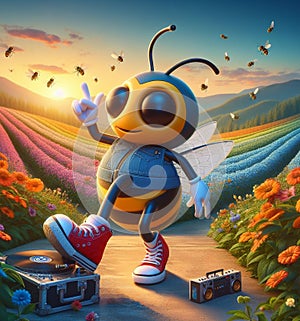 funny cartoonish cool bees wear blue jeans urban vintage snikers at work pollinizing blooming flower