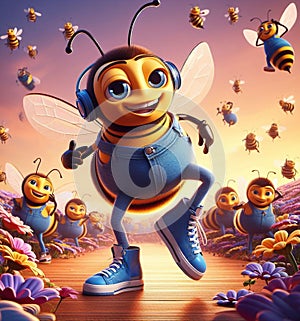 funny cartoonish cool bees wear blue jeans urban vintage snikers at work pollinizing blooming flower