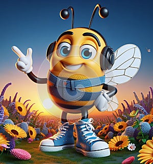 funny cartoonish cool bees wear blue jeans urban vintage snikers at work pollinizing blooming flower