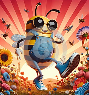 funny cartoonish cool bees wear blue jeans urban vintage snikers at work pollinizing blooming flower