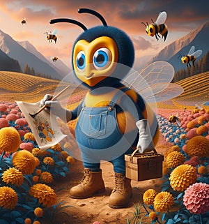 funny cartoonish cool bees wear blue jeans urban vintage snikers at work pollinizing blooming flower