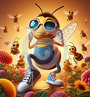 funny cartoonish cool bees wear blue jeans urban vintage snikers at work pollinizing blooming flower