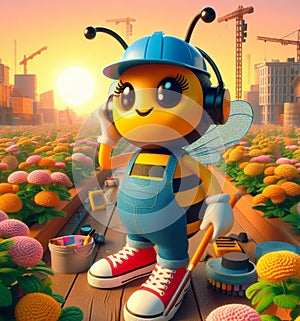 funny cartoonish cool bees wear blue jeans urban vintage snikers at work pollinizing blooming flower