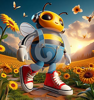 funny cartoonish cool bees wear blue jeans urban vintage snikers at work pollinizing blooming flower