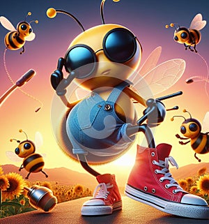 funny cartoonish cool bees wear blue jeans urban vintage snikers at work pollinizing blooming flower