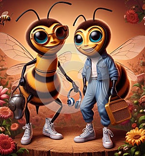 funny cartoonish couple of cool bees wear blue jeans urban vintage snikers pollinizing bloom flower