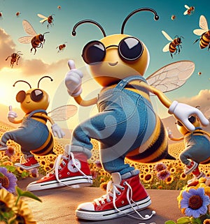 funny cartoonish couple of cool bees wear blue jeans urban vintage snikers pollinizing bloom flower