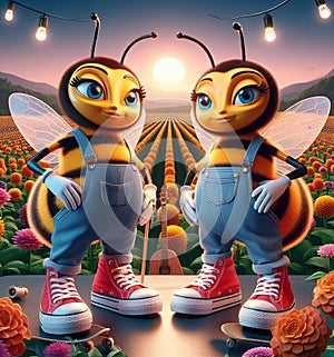 funny cartoonish couple of cool bees wear blue jeans urban vintage snikers pollinizing bloom flower