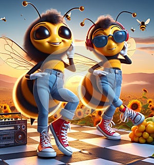 funny cartoonish couple of cool bees wear blue jeans urban vintage snikers pollinizing bloom flower