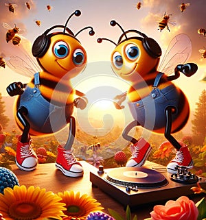 funny cartoonish couple of cool bees wear blue jeans urban vintage snikers pollinizing bloom flower