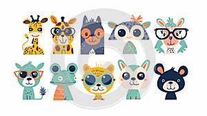 Funny cartoons with cute animal characters. Sassy modern avatars with cartoon giraffe, frog, cat, dog, monkey faces