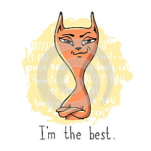 A funny cartoony red cat with the inscription `I`m the best`.
