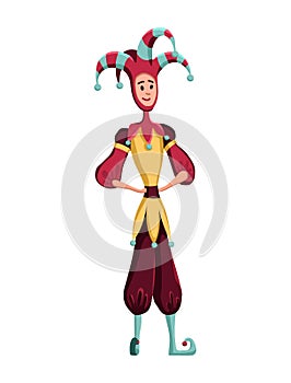 Funny castle jester or fool man in colorful clothes. Circus characters. Circus clown in costume, vector character