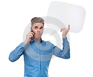 Funny casual man with speech bubble speaking on the phone