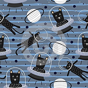 Funny cat alien on space seamless pattern decorative drawing scandinavian artistic hand drawn for baby and kids fashion textile photo