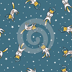 Funny cat astronaut in space, vector seamless pattern. Cat as a cosmonaut, space suit, funny seamless pattern.