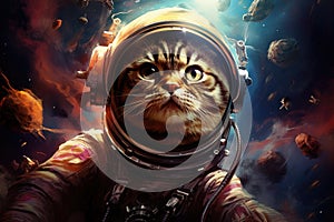 Funny cat astronaut in spacesuit on space background with planets and stars, Science fiction space wallpaper with cat astronaut,