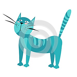 Funny cat in blue color. sticker design surprised cat with crazy face.  illustration