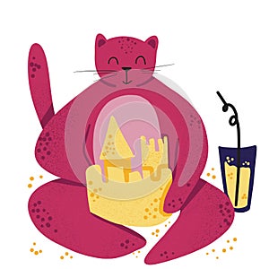 Funny cat building a sand castle on a beach. Suitable for prints, childish t-shirts, books, textile. Illustration of summer
