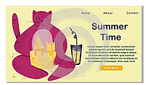 Funny cat building a sand castle on a beach. Summer time landing, banner. Illustration of summer vacation and travelling theme